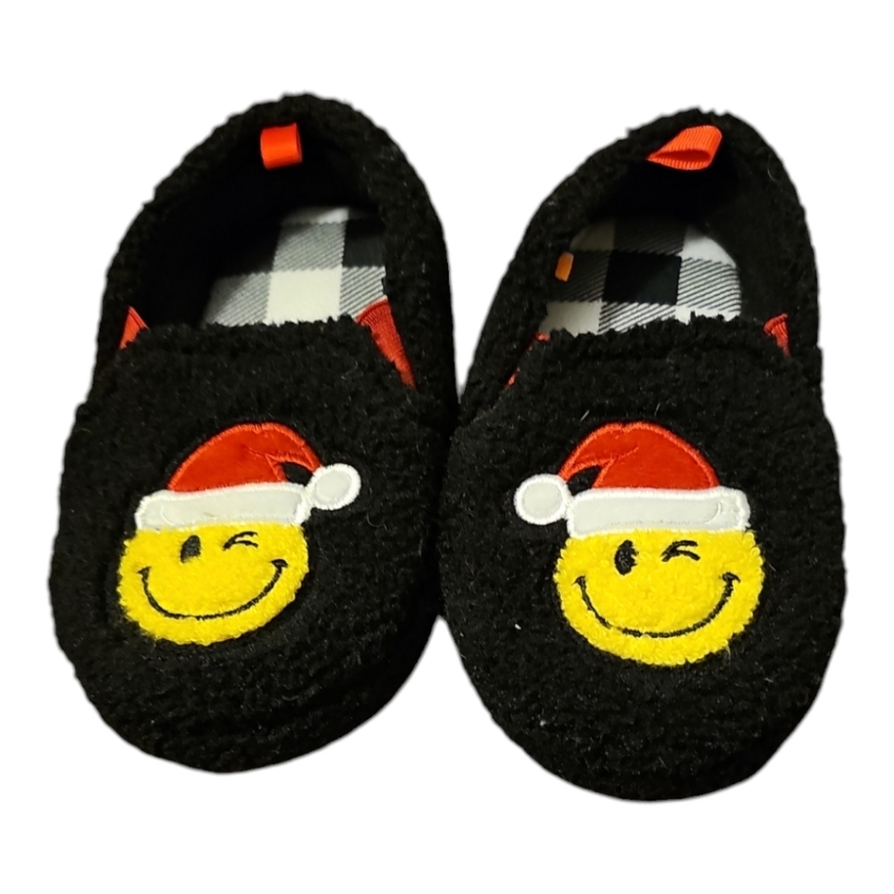 Cozy Smiley Face Kids Slippers - Black George 9-10 NWOT